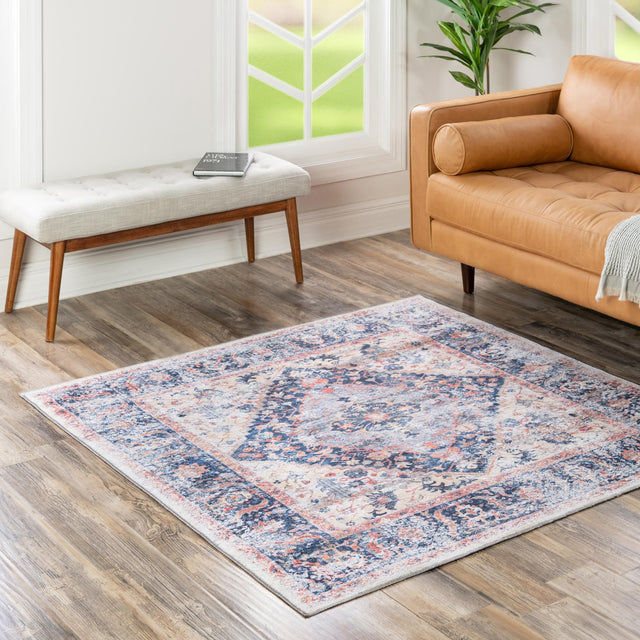Washable Navy Blue 5' x 5' Yara Square Area Rug Easy to Clean Stain Resistant & Durable Polyester & Chenille Carpet for Sale at Rug Engine