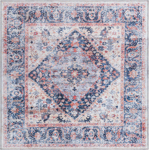 Washable Navy Blue 5' x 5' Yara Square Area Rug Easy to Clean Stain Resistant & Durable Polyester & Chenille Carpet for Sale at Rug Engine