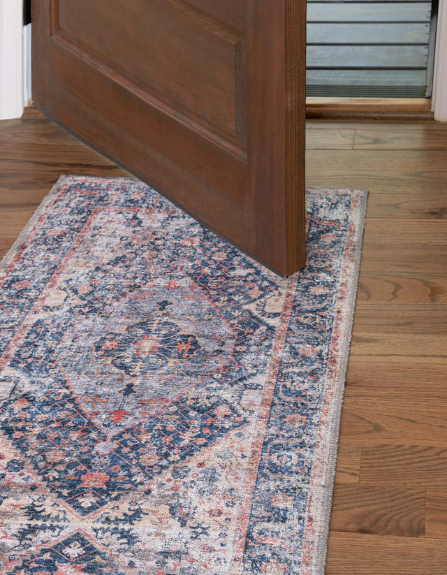 Washable Navy Blue 2' 7 x 10' Yara Runner Area Rug Easy to Clean Stain Resistant & Durable Polyester & Chenille Carpet for Sale at Rug Engine