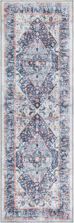 Washable Navy Blue 2' x 6' Yara Runner Area Rug Easy to Clean Stain Resistant & Durable Polyester & Chenille Carpet for Sale at Rug Engine