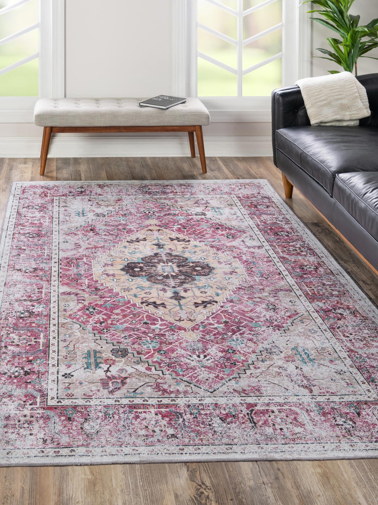 Washable Light Coral Pink 4' x 6' Yara Rectangle Area Rug Easy to Clean Stain Resistant & Durable Polyester & Chenille Carpet for Sale at Rug Engine