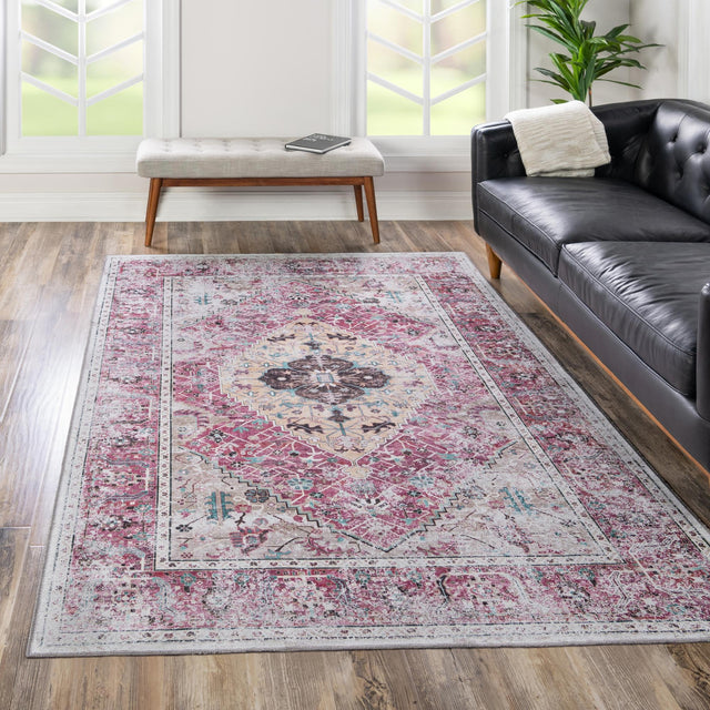 Light Coral Pink 4' x 6' Yara Washable Rectangle Rug