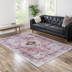 Light Coral Pink 4' x 6' Yara Washable Rectangle Rug