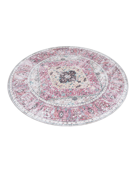 Washable Light Coral Pink 7' 10 x 7' 10 Yara Round Area Rug Easy to Clean Stain Resistant & Durable Polyester & Chenille Carpet for Sale at Rug Engine