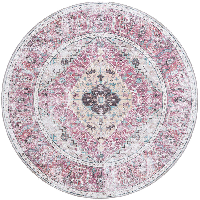Washable Light Coral Pink 7' 10 x 7' 10 Yara Round Area Rug Easy to Clean Stain Resistant & Durable Polyester & Chenille Carpet for Sale at Rug Engine