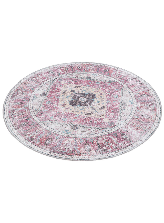 Washable Light Coral Pink 6' x 6' Yara Round Area Rug Easy to Clean Stain Resistant & Durable Polyester & Chenille Carpet for Sale at Rug Engine