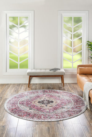 Washable Light Coral Pink 6' x 6' Yara Round Area Rug Easy to Clean Stain Resistant & Durable Polyester & Chenille Carpet for Sale at Rug Engine