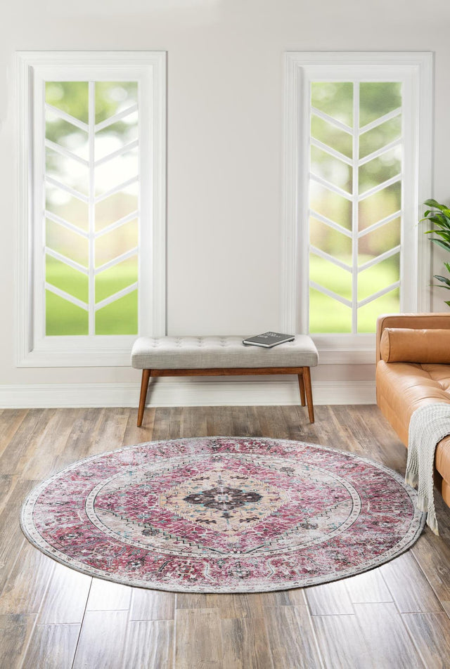 Washable Light Coral Pink 4' x 4' Yara Round Area Rug Easy to Clean Stain Resistant & Durable Polyester & Chenille Carpet for Sale at Rug Engine