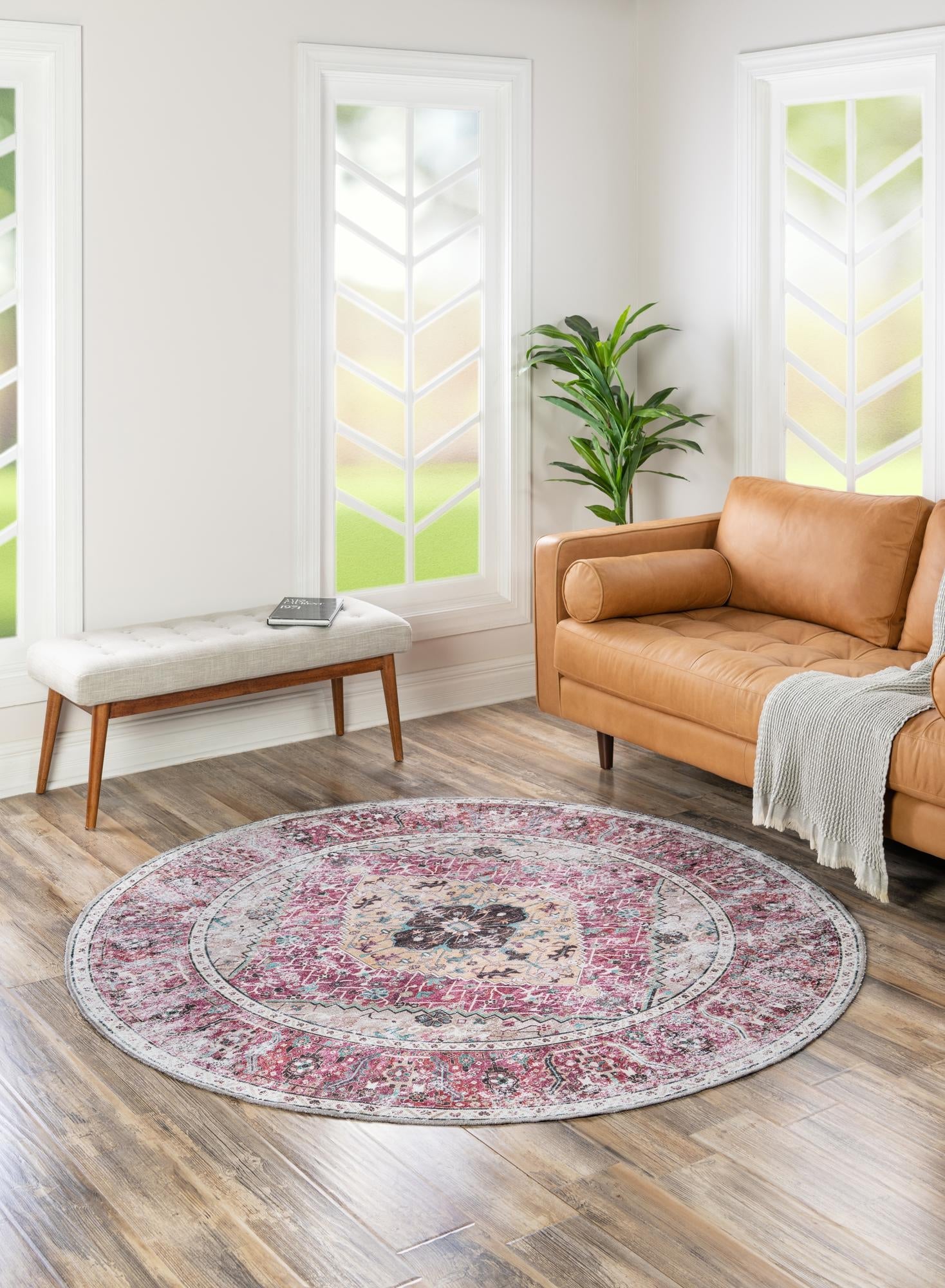 Washable Light Coral Pink 7' 10 x 7' 10 Yara Round Area Rug Easy to Clean Stain Resistant & Durable Polyester & Chenille Carpet for Sale at Rug Engine