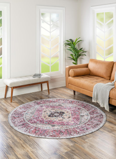 Washable Light Coral Pink 7' 10 x 7' 10 Yara Round Area Rug Easy to Clean Stain Resistant & Durable Polyester & Chenille Carpet for Sale at Rug Engine