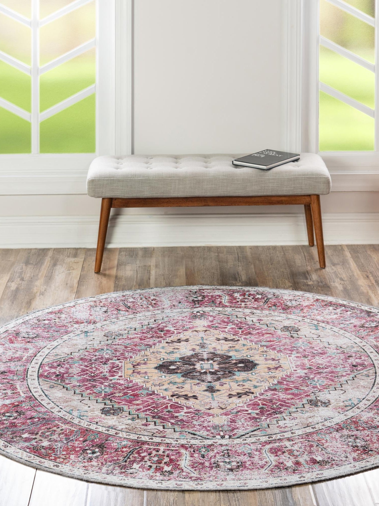 Washable Light Coral Pink 7' 10 x 7' 10 Yara Round Area Rug Easy to Clean Stain Resistant & Durable Polyester & Chenille Carpet for Sale at Rug Engine