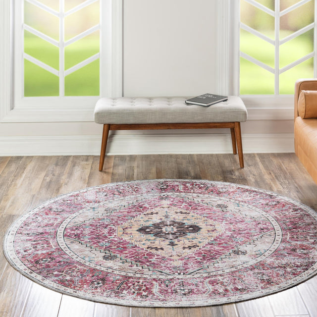 Washable Light Coral Pink 7' 10 x 7' 10 Yara Round Area Rug Easy to Clean Stain Resistant & Durable Polyester & Chenille Carpet for Sale at Rug Engine