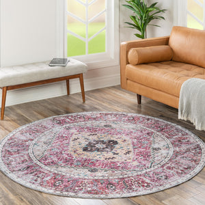 Washable Light Coral Pink 6' x 6' Yara Round Area Rug Easy to Clean Stain Resistant & Durable Polyester & Chenille Carpet for Sale at Rug Engine