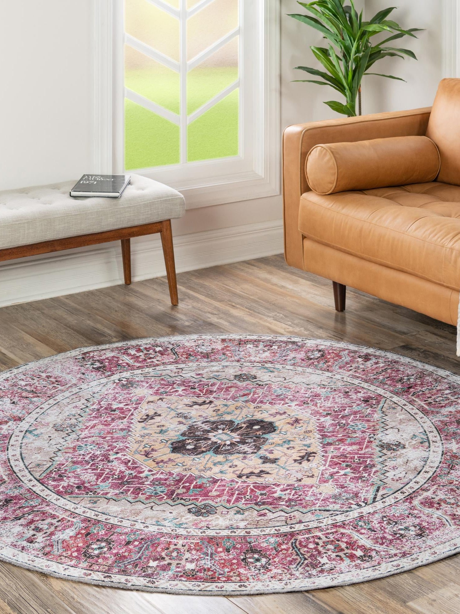 Washable Light Coral Pink 7' 10 x 7' 10 Yara Round Area Rug Easy to Clean Stain Resistant & Durable Polyester & Chenille Carpet for Sale at Rug Engine