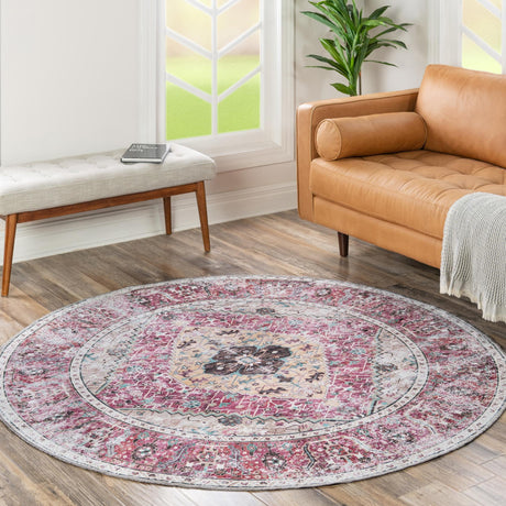 Washable Light Coral Pink 7' 10 x 7' 10 Yara Round Area Rug Easy to Clean Stain Resistant & Durable Polyester & Chenille Carpet for Sale at Rug Engine