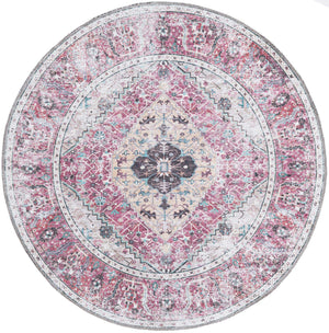 Washable Light Coral Pink 4' x 4' Yara Round Area Rug Easy to Clean Stain Resistant & Durable Polyester & Chenille Carpet for Sale at Rug Engine