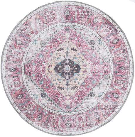 Washable Light Coral Pink 4' x 4' Yara Round Area Rug Easy to Clean Stain Resistant & Durable Polyester & Chenille Carpet for Sale at Rug Engine