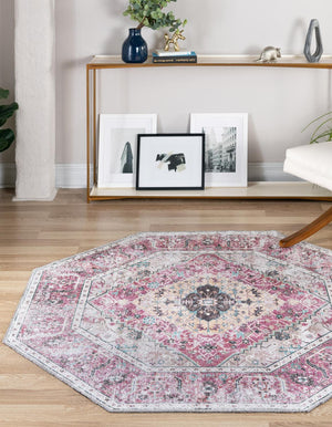 Washable Light Coral Pink 5' x 5' Yara Octagon Area Rug Easy to Clean Stain Resistant & Durable Polyester & Chenille Carpet for Sale at Rug Engine