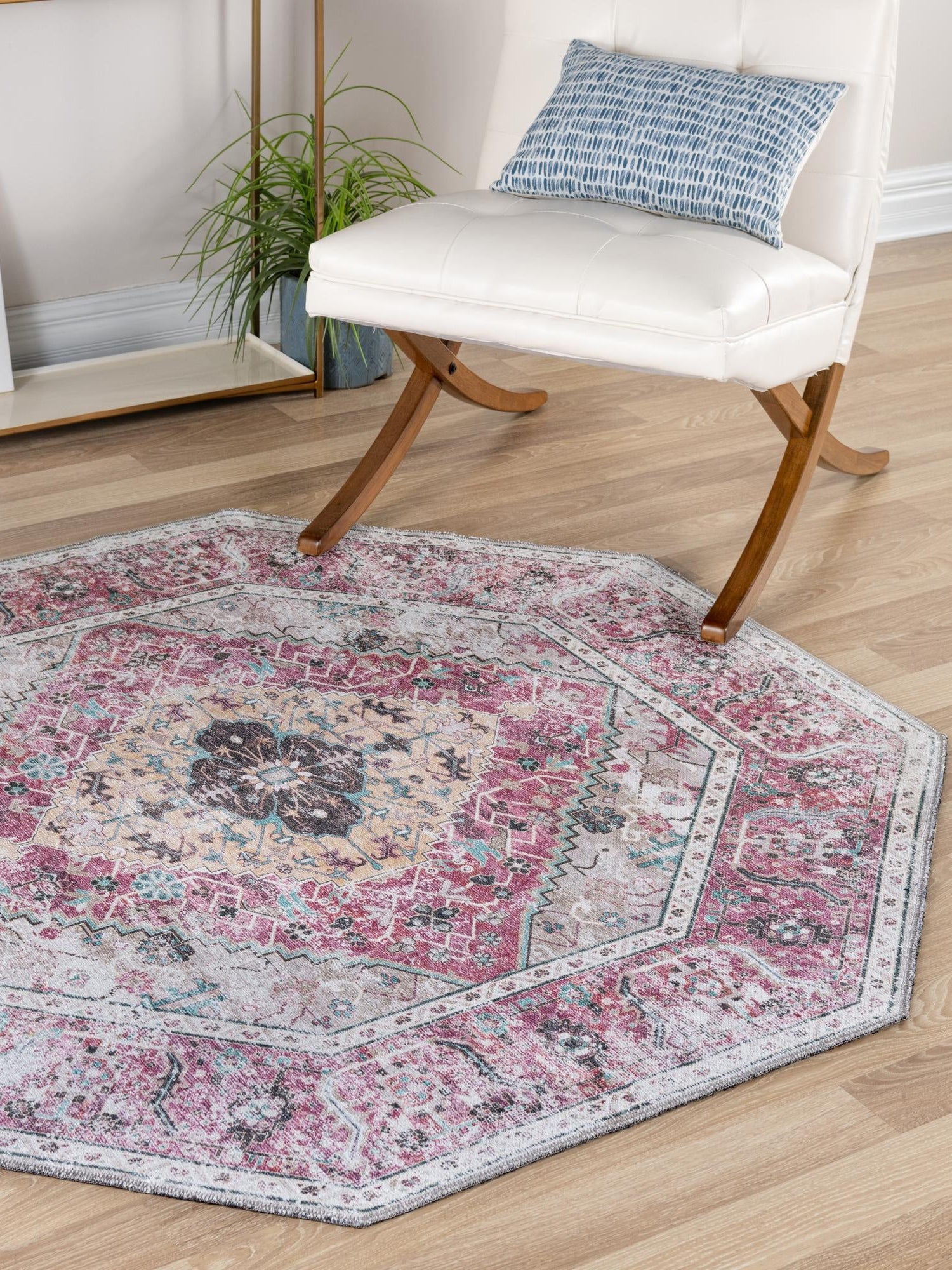 Washable Light Coral Pink 7' 10 x 7' 10 Yara Octagon Area Rug Easy to Clean Stain Resistant & Durable Polyester & Chenille Carpet for Sale at Rug Engine