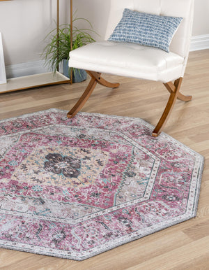 Washable Light Coral Pink 7' 10 x 7' 10 Yara Octagon Area Rug Easy to Clean Stain Resistant & Durable Polyester & Chenille Carpet for Sale at Rug Engine