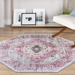 Washable Light Coral Pink 5' x 5' Yara Octagon Area Rug Easy to Clean Stain Resistant & Durable Polyester & Chenille Carpet for Sale at Rug Engine