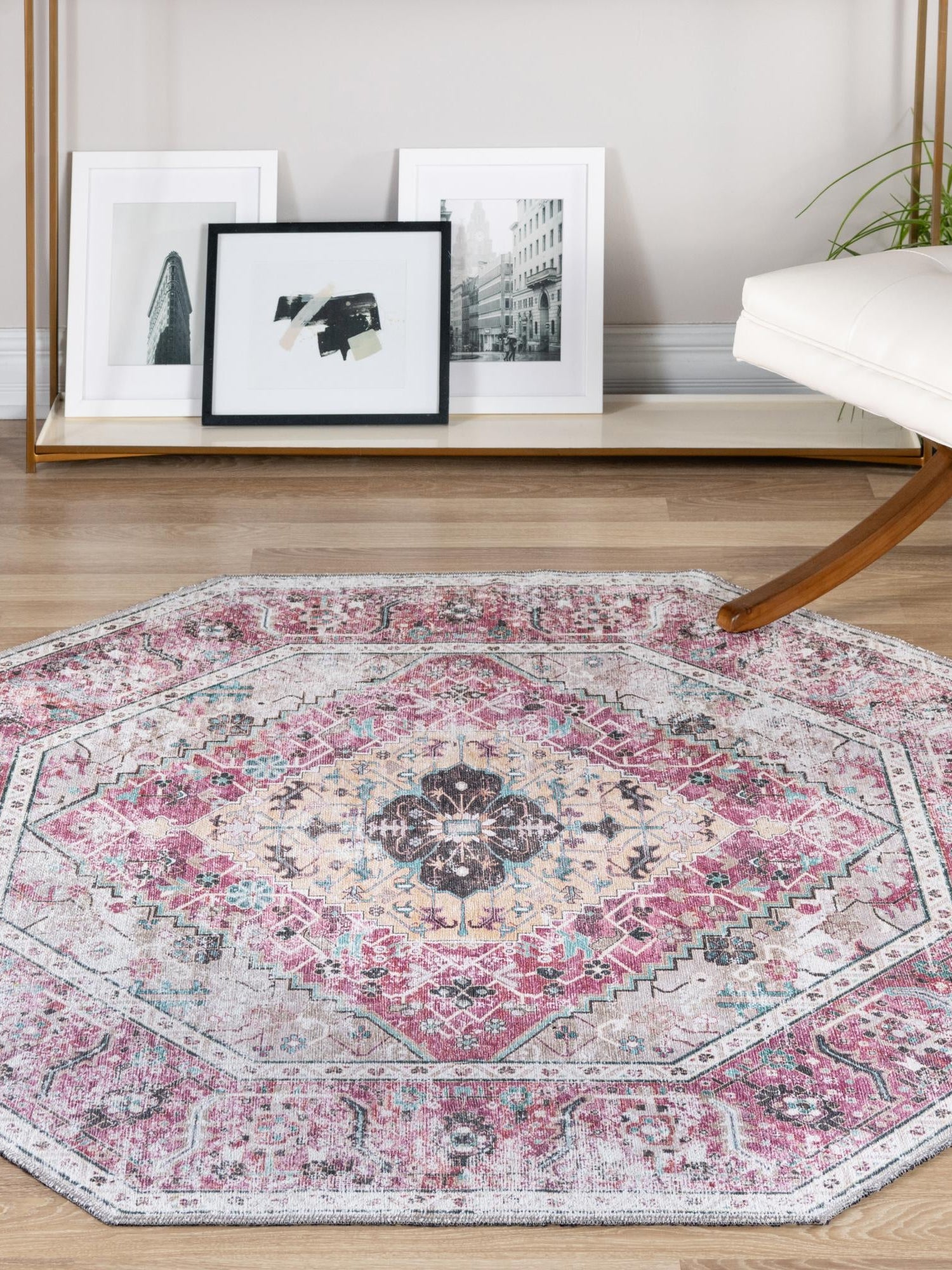 Washable Light Coral Pink 7' 10 x 7' 10 Yara Octagon Area Rug Easy to Clean Stain Resistant & Durable Polyester & Chenille Carpet for Sale at Rug Engine