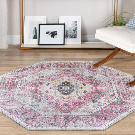 Washable Light Coral Pink 7' 10 x 7' 10 Yara Octagon Area Rug Easy to Clean Stain Resistant & Durable Polyester & Chenille Carpet for Sale at Rug Engine