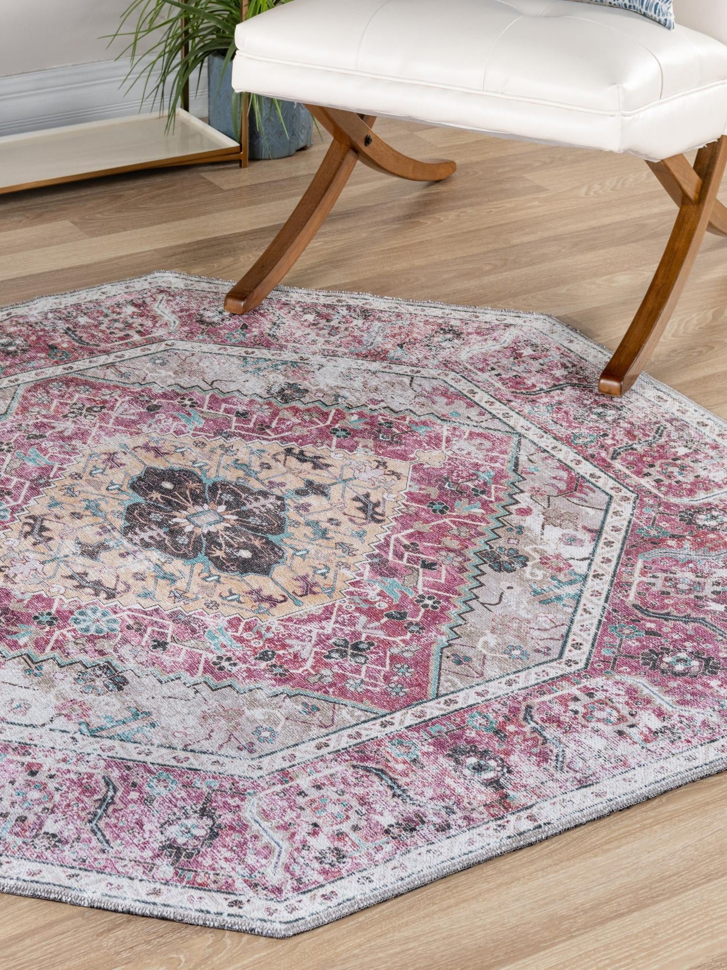 Washable Light Coral Pink 7' 10 x 7' 10 Yara Octagon Area Rug Easy to Clean Stain Resistant & Durable Polyester & Chenille Carpet for Sale at Rug Engine