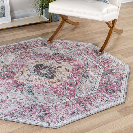 Washable Light Coral Pink 7' 10 x 7' 10 Yara Octagon Area Rug Easy to Clean Stain Resistant & Durable Polyester & Chenille Carpet for Sale at Rug Engine