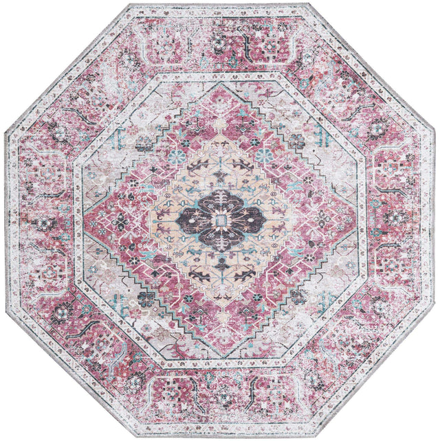 Washable Light Coral Pink 5' x 5' Yara Octagon Area Rug Easy to Clean Stain Resistant & Durable Polyester & Chenille Carpet for Sale at Rug Engine