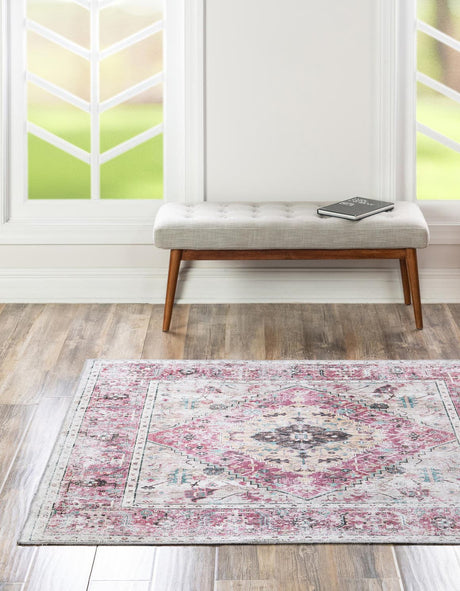 Washable Light Coral Pink 5' x 5' Yara Square Area Rug Easy to Clean Stain Resistant & Durable Polyester & Chenille Carpet for Sale at Rug Engine