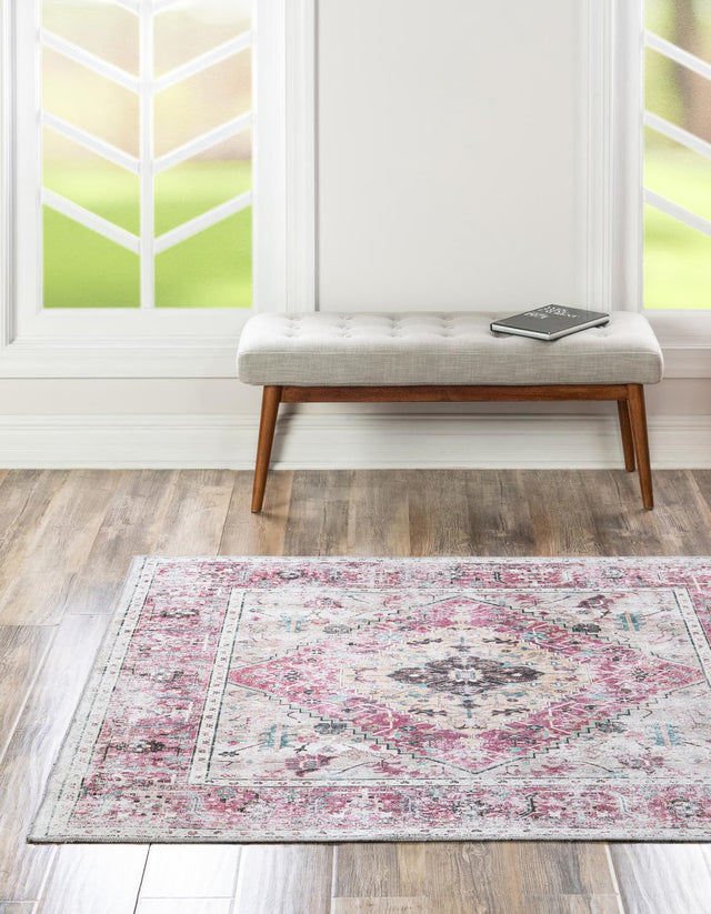 Washable Light Coral Pink 5' x 5' Yara Square Area Rug Easy to Clean Stain Resistant & Durable Polyester & Chenille Carpet for Sale at Rug Engine