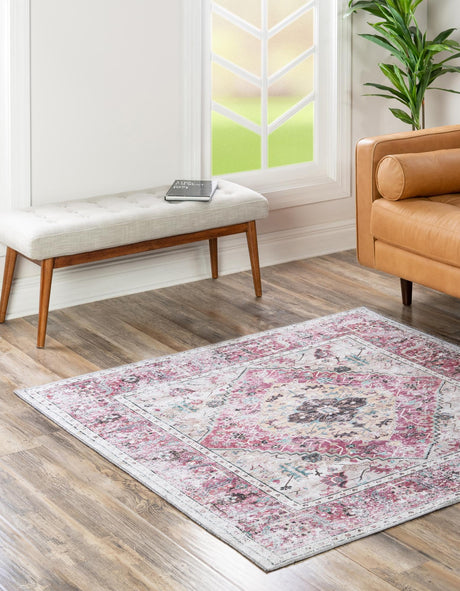 Washable Light Coral Pink 7' 10 x 7' 10 Yara Square Area Rug Easy to Clean Stain Resistant & Durable Polyester & Chenille Carpet for Sale at Rug Engine