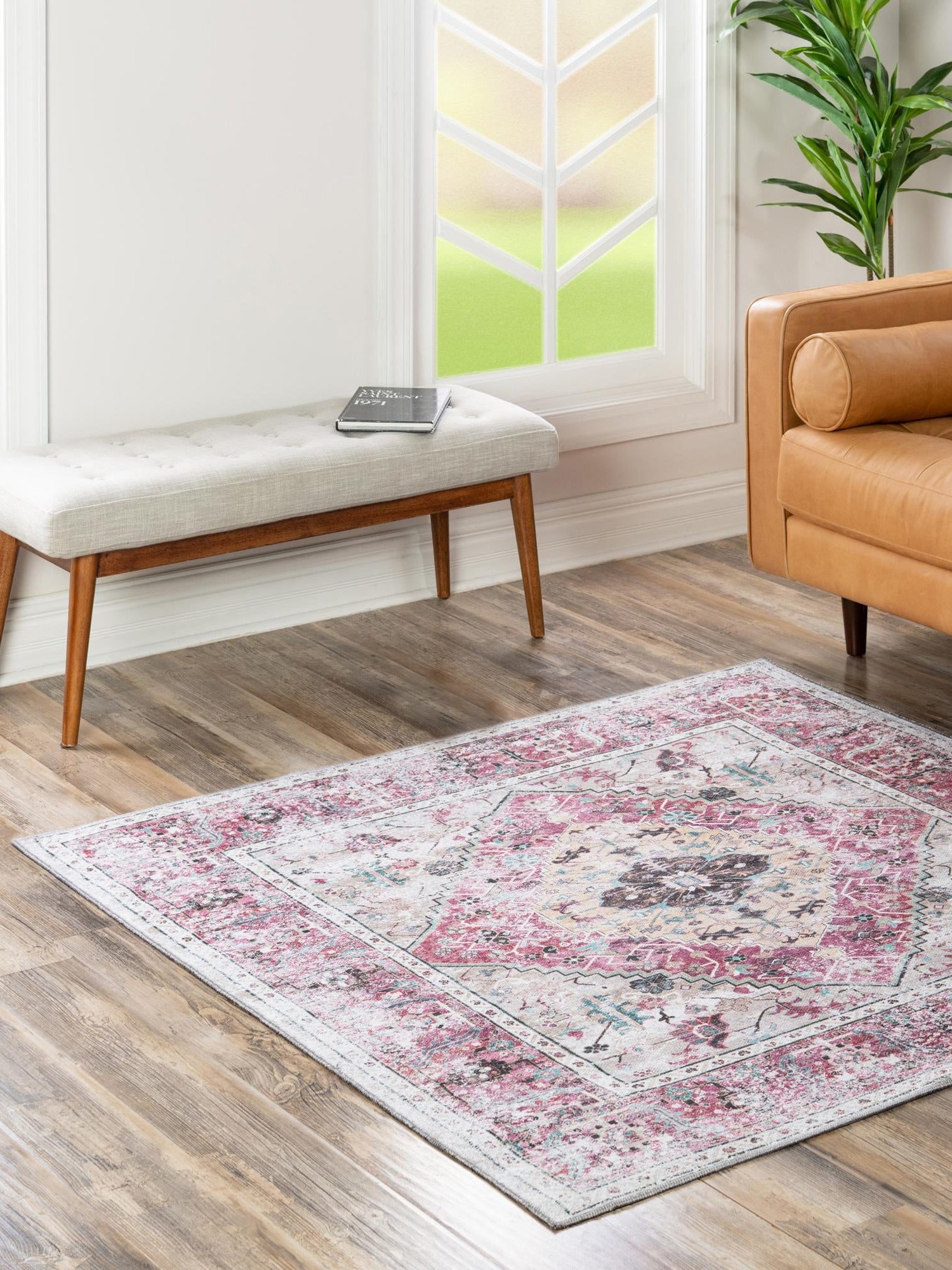 Washable Light Coral Pink 5' x 5' Yara Square Area Rug Easy to Clean Stain Resistant & Durable Polyester & Chenille Carpet for Sale at Rug Engine