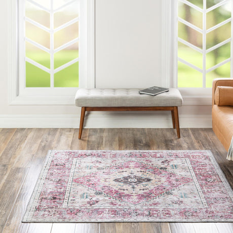 Washable Light Coral Pink 7' 10 x 7' 10 Yara Square Area Rug Easy to Clean Stain Resistant & Durable Polyester & Chenille Carpet for Sale at Rug Engine
