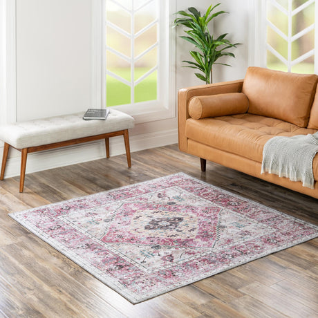 Washable Light Coral Pink 7' 10 x 7' 10 Yara Square Area Rug Easy to Clean Stain Resistant & Durable Polyester & Chenille Carpet for Sale at Rug Engine