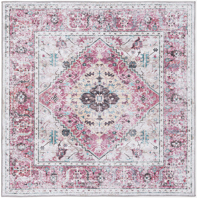 Washable Light Coral Pink 5' x 5' Yara Square Area Rug Easy to Clean Stain Resistant & Durable Polyester & Chenille Carpet for Sale at Rug Engine