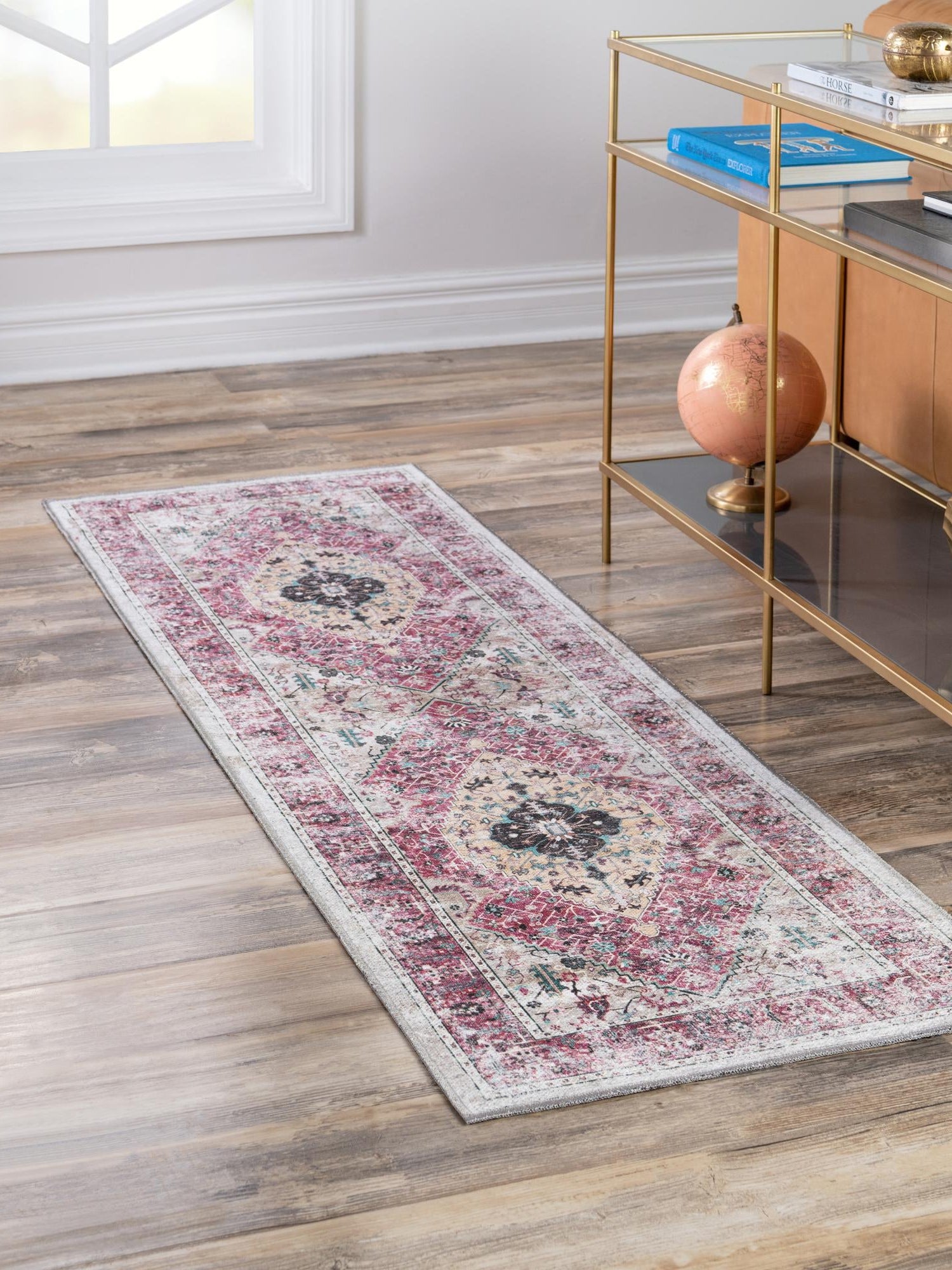 Washable Light Coral Pink 2' x 5' Yara Runner Area Rug Easy to Clean Stain Resistant & Durable Polyester & Chenille Carpet for Sale at Rug Engine