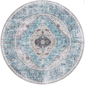Washable Seaglass 6' x 6' Yara Round Area Rug Easy to Clean Stain Resistant & Durable Polyester & Chenille Carpet for Sale at Rug Engine
