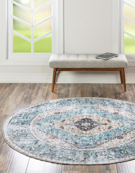 Washable Seaglass 7' 10 x 7' 10 Yara Round Area Rug Easy to Clean Stain Resistant & Durable Polyester & Chenille Carpet for Sale at Rug Engine
