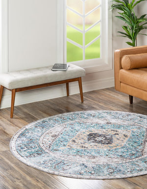 Washable Seaglass 7' 10 x 7' 10 Yara Round Area Rug Easy to Clean Stain Resistant & Durable Polyester & Chenille Carpet for Sale at Rug Engine