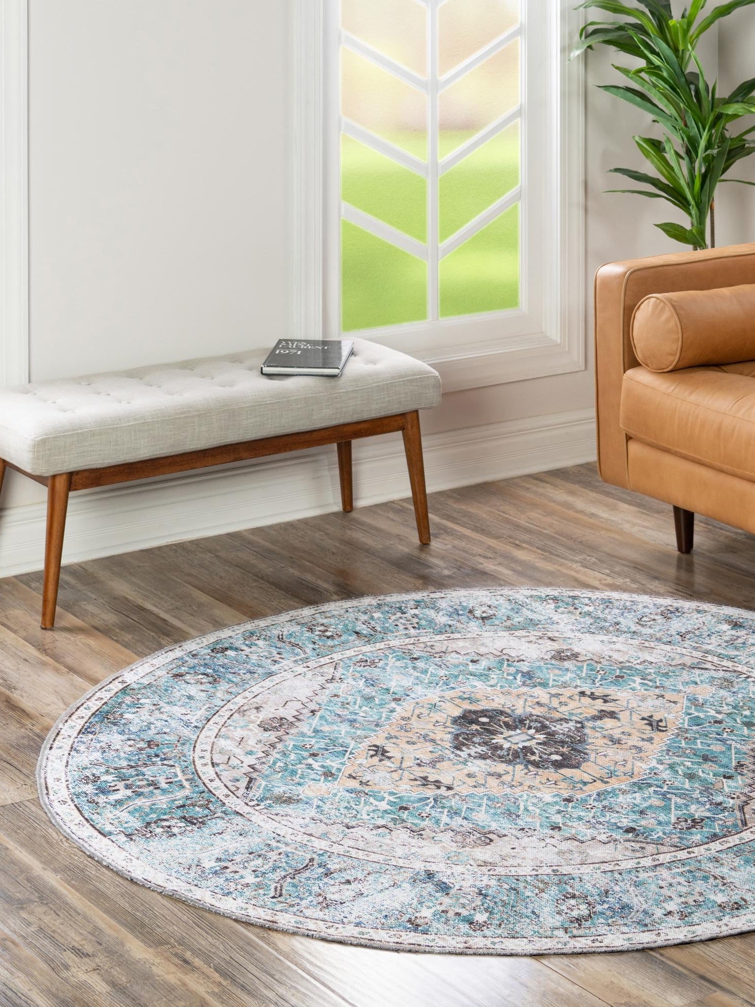 Washable Seaglass 4' x 4' Yara Round Area Rug Easy to Clean Stain Resistant & Durable Polyester & Chenille Carpet for Sale at Rug Engine