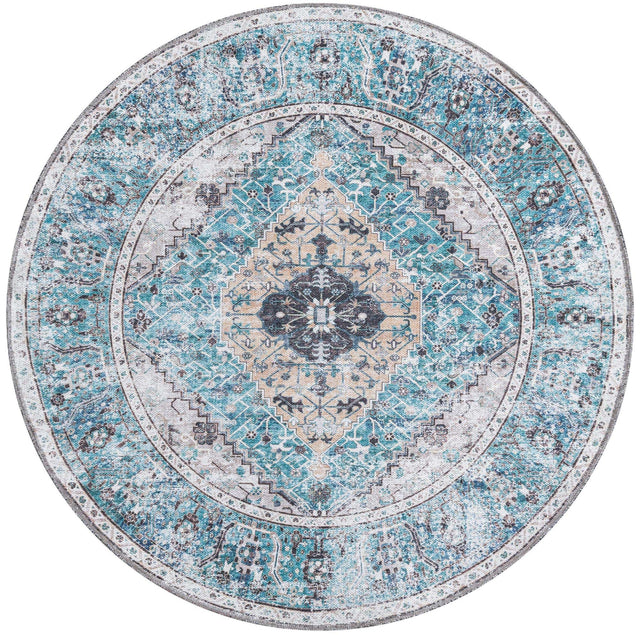 Washable Seaglass 4' x 4' Yara Round Area Rug Easy to Clean Stain Resistant & Durable Polyester & Chenille Carpet for Sale at Rug Engine
