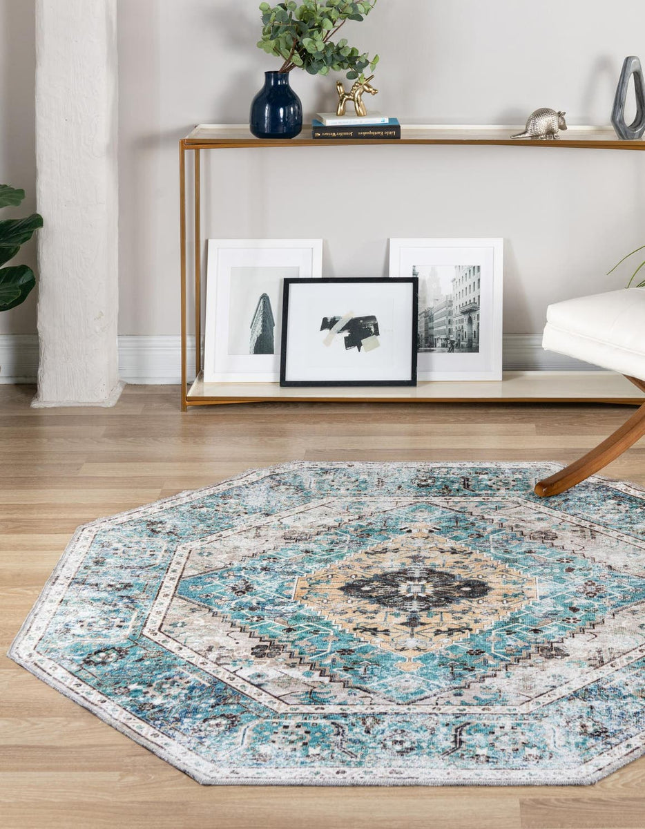 Washable Seaglass 5' x 5' Yara Octagon Area Rug Easy to Clean Stain Re ...