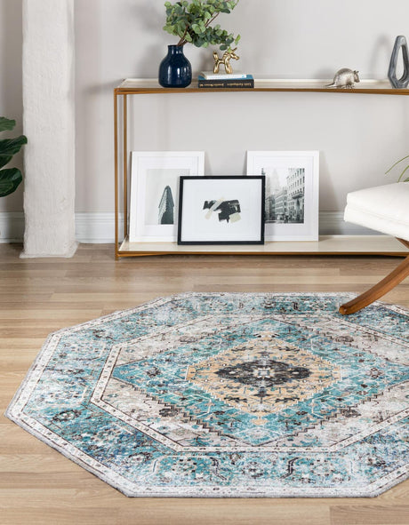 Washable Seaglass 7' 10 x 7' 10 Yara Octagon Area Rug Easy to Clean Stain Resistant & Durable Polyester & Chenille Carpet for Sale at Rug Engine