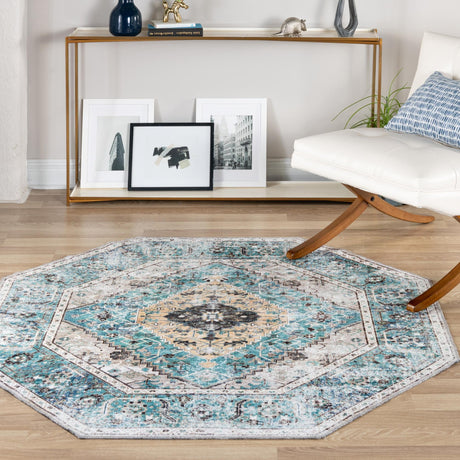Washable Seaglass 5' x 5' Yara Octagon Area Rug Easy to Clean Stain Resistant & Durable Polyester & Chenille Carpet for Sale at Rug Engine