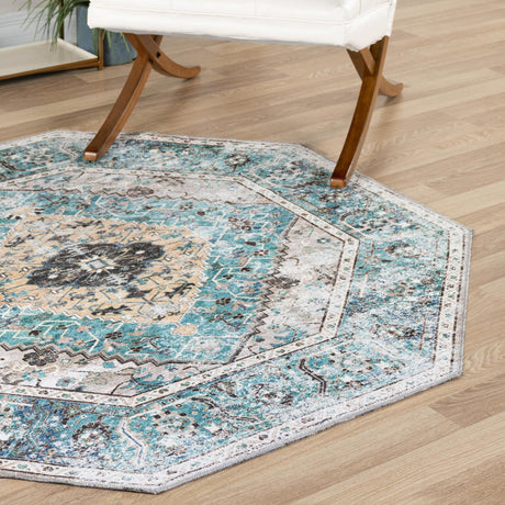 Washable Seaglass 5' x 5' Yara Octagon Area Rug Easy to Clean Stain Resistant & Durable Polyester & Chenille Carpet for Sale at Rug Engine