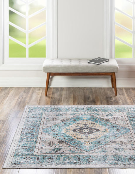 Washable Seaglass 5' x 5' Yara Square Area Rug Easy to Clean Stain Resistant & Durable Polyester & Chenille Carpet for Sale at Rug Engine