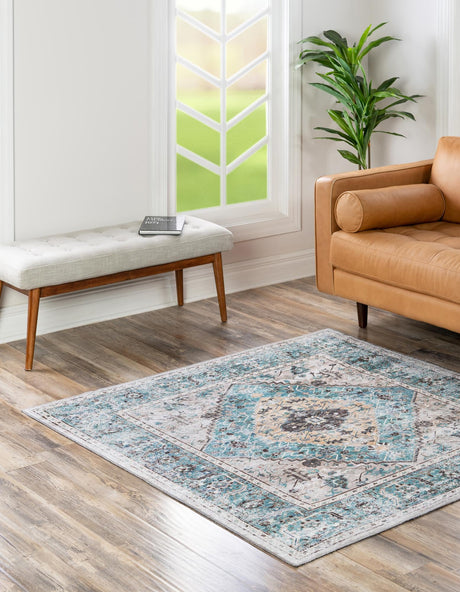 Washable Seaglass 5' x 5' Yara Square Area Rug Easy to Clean Stain Resistant & Durable Polyester & Chenille Carpet for Sale at Rug Engine