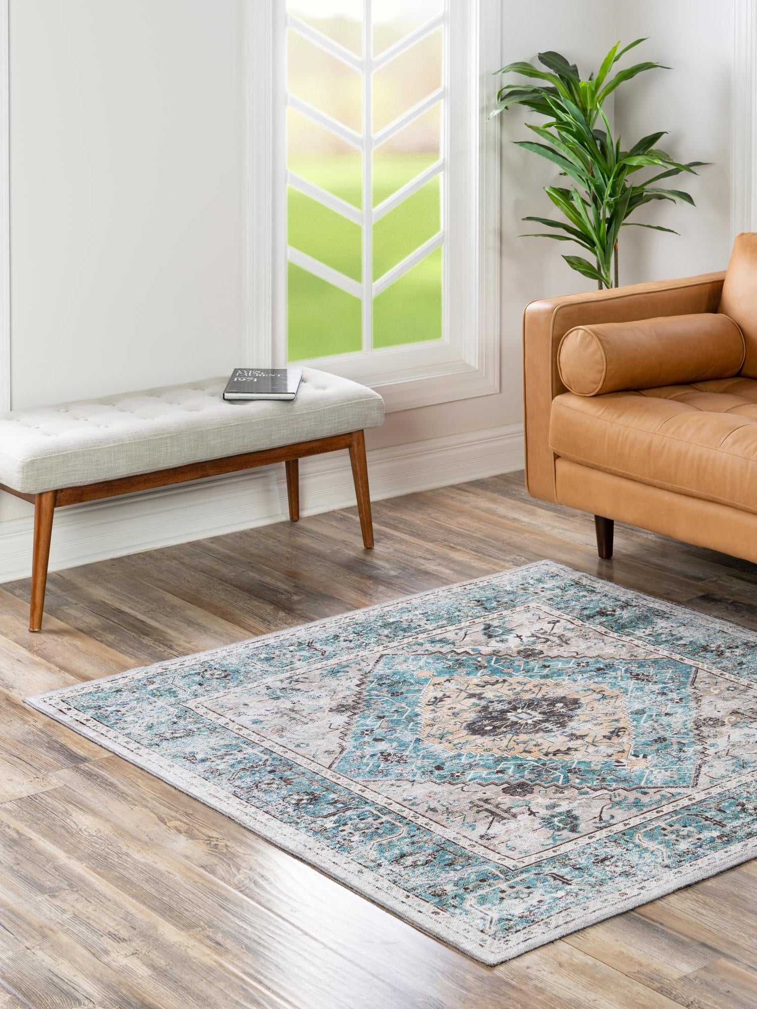 Washable Seaglass 7' 10 x 7' 10 Yara Square Area Rug Easy to Clean Stain Resistant & Durable Polyester & Chenille Carpet for Sale at Rug Engine